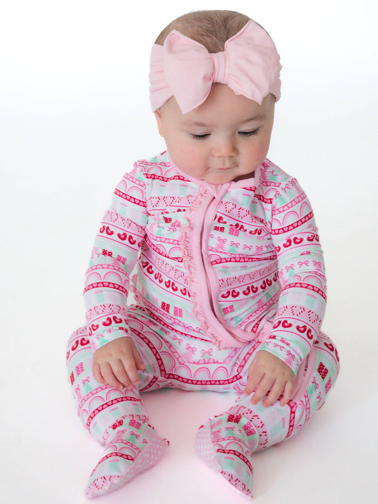 SoftSnooze™ Baby Girls Cotton Modal Pinkmas Fair Isle Footed Ruffle One Piece Pajama
