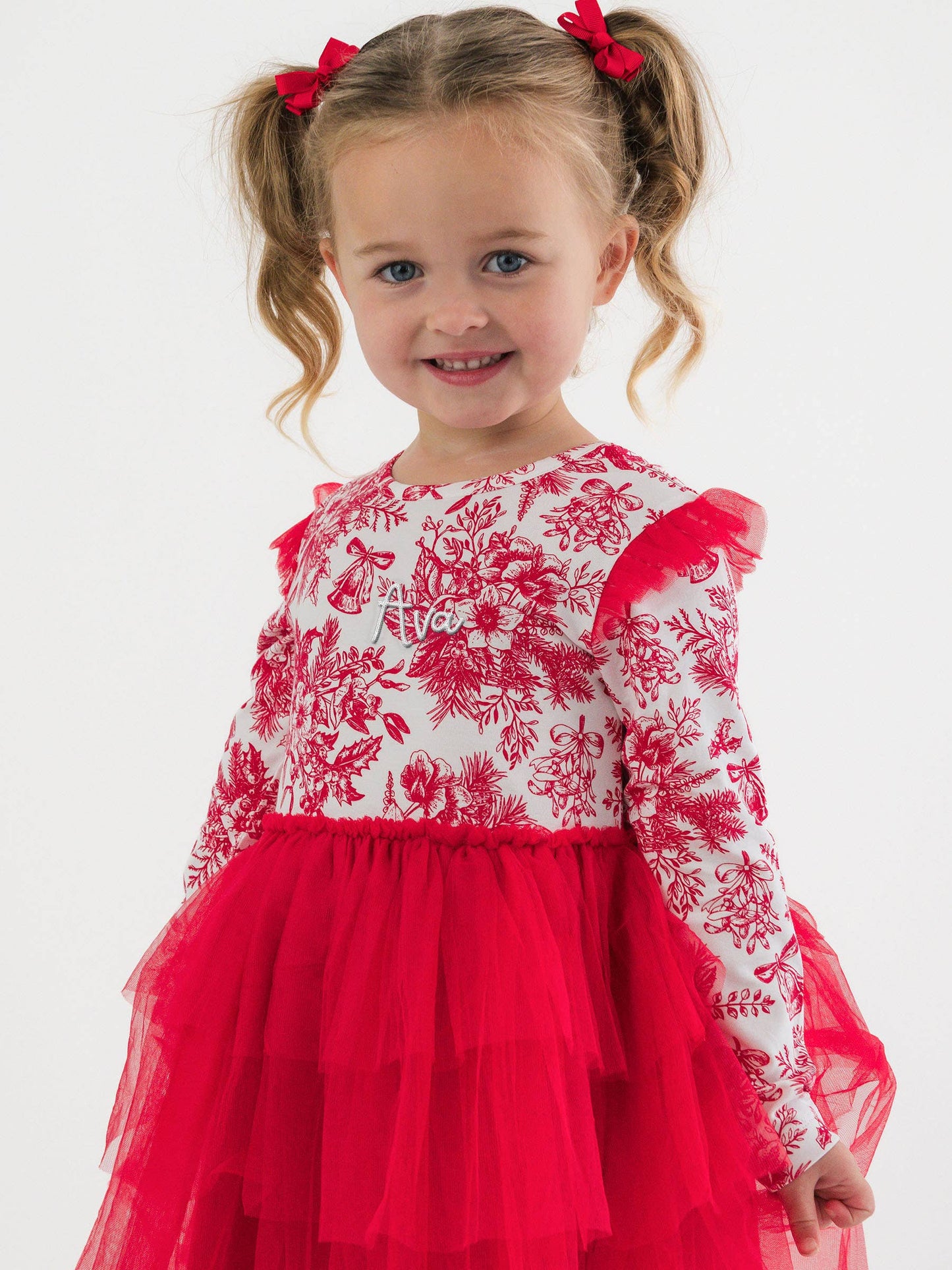Girls Red Jingle Toile the Way Flutter Tulle Long Sleeve Twirl Dress