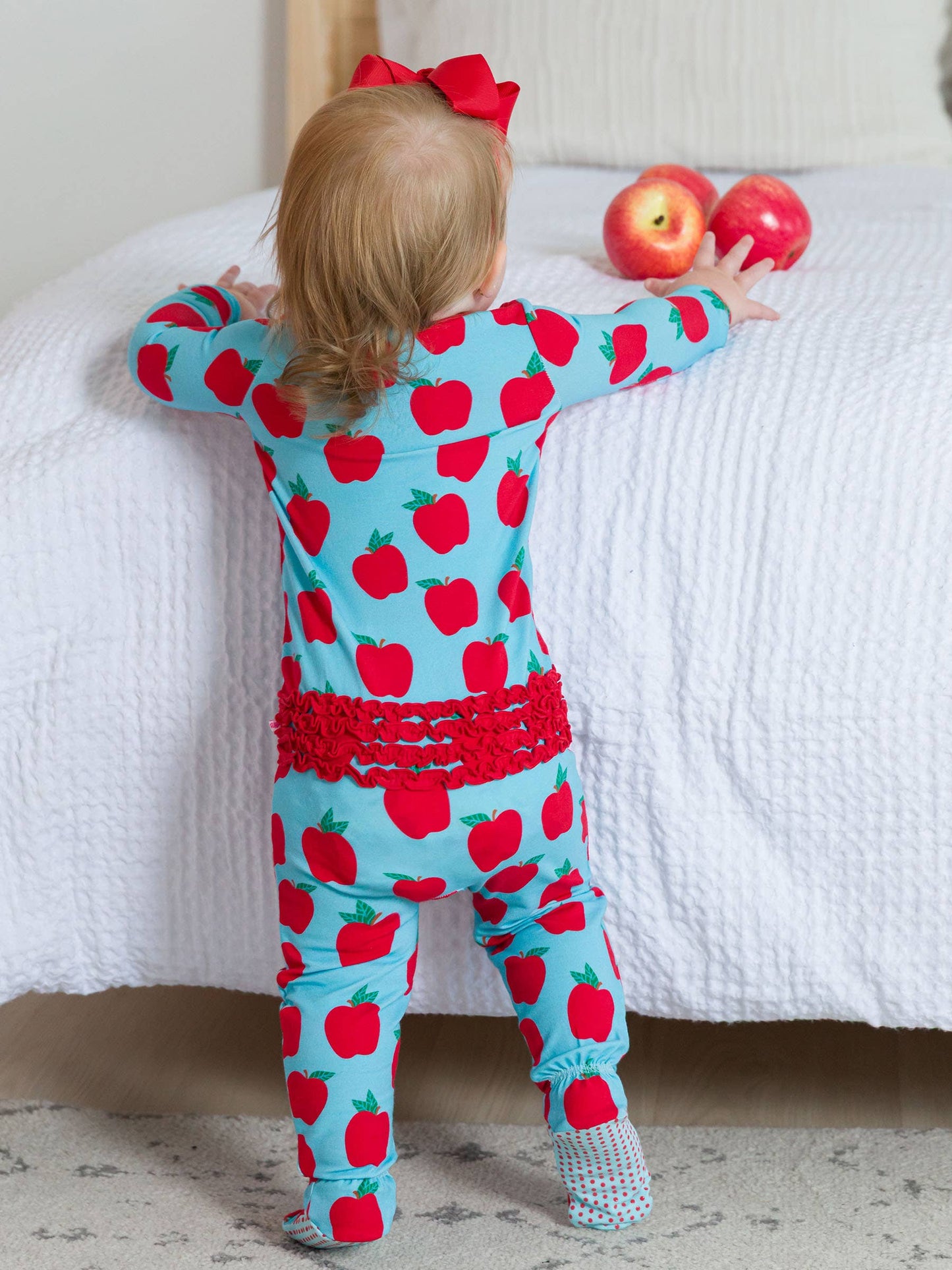 SoftSnooze™ Baby Girls Modal Blend Blue Apple of My Eye Footed Ruffle One Piece Pajama