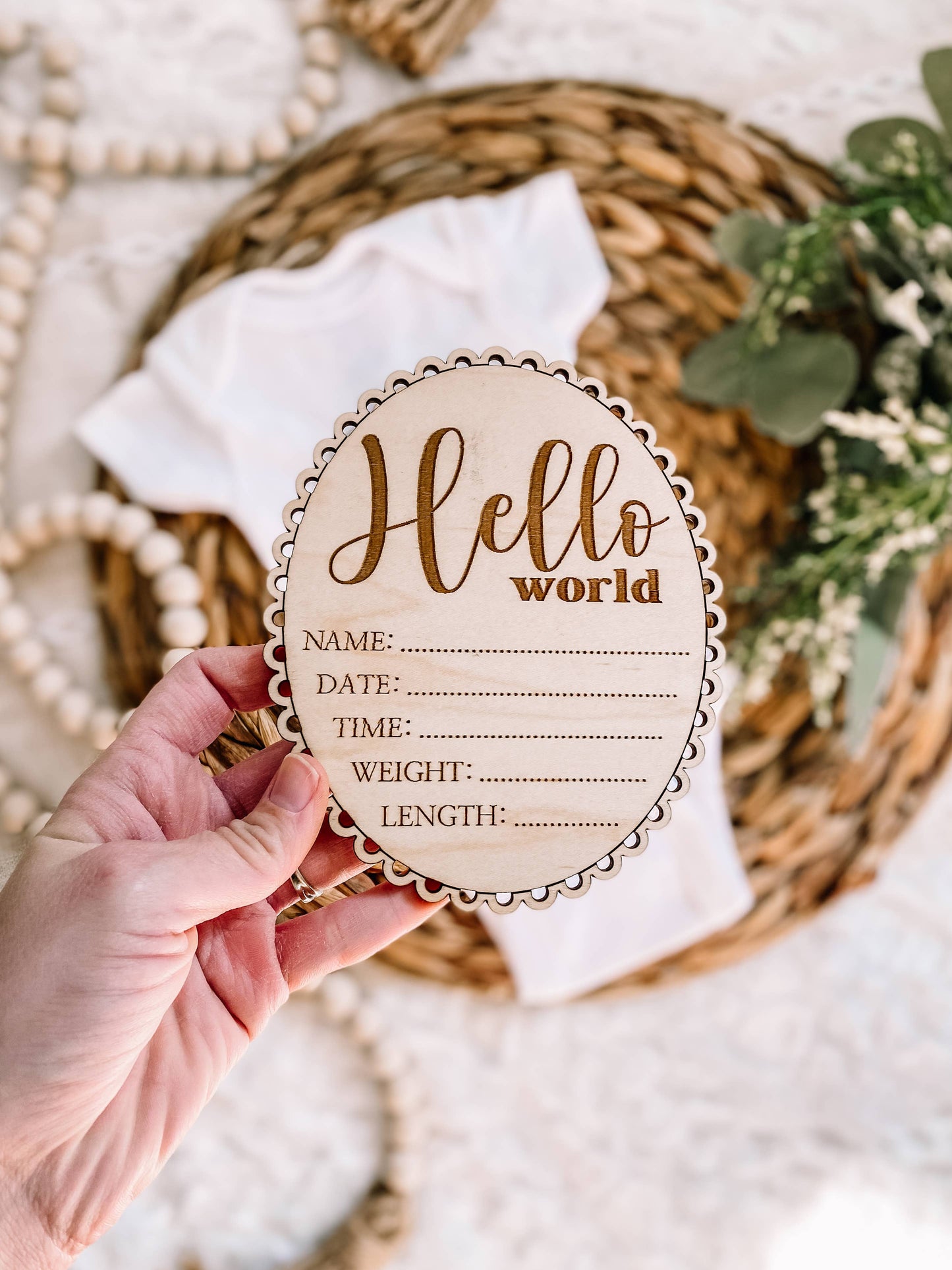 Hello World Birth Stat Sign - Scalloped Edge - Cursive Font